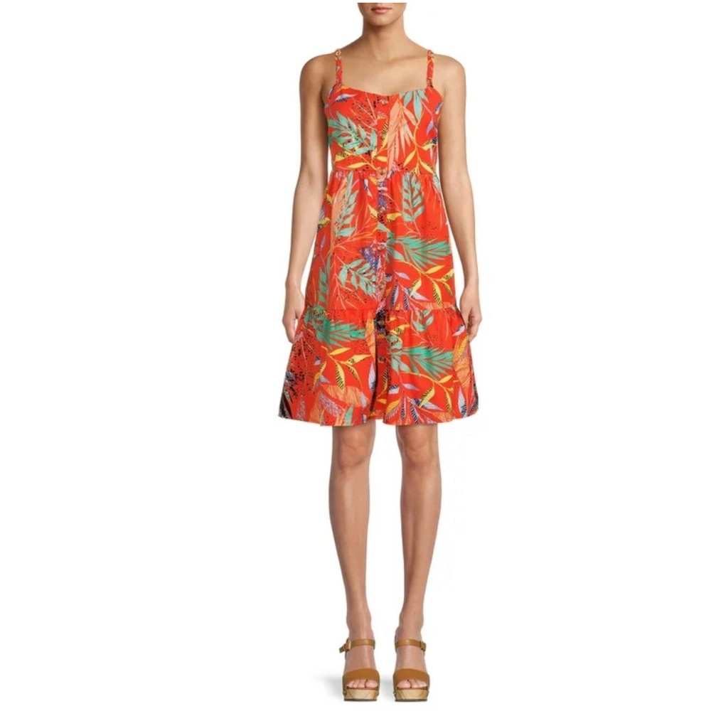 BeachLunchLounge Cotton Button Front Orange Multi Color Tropical Print Dress